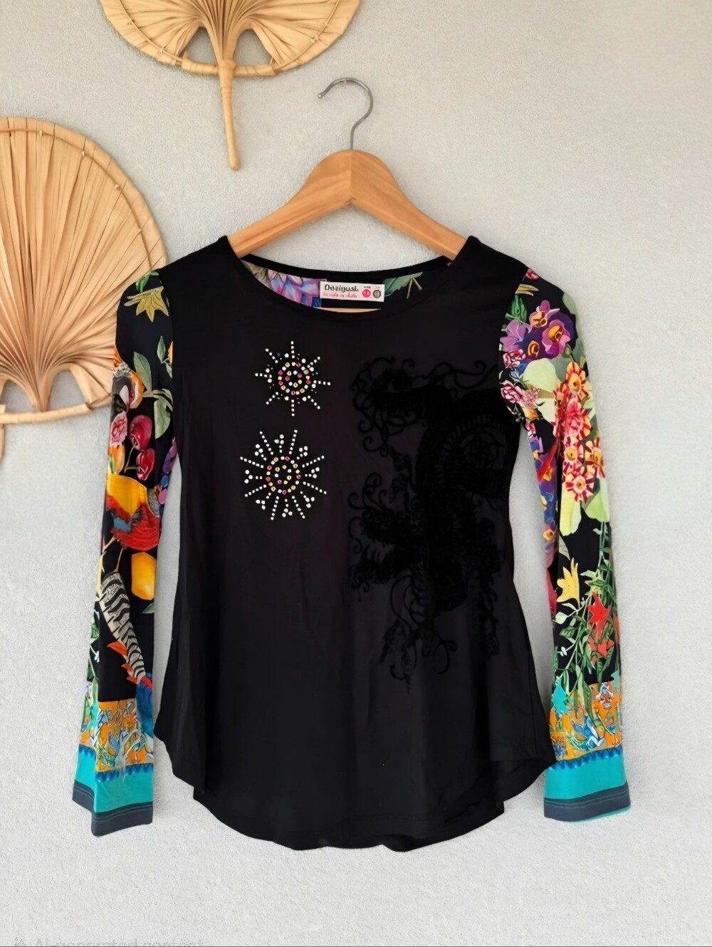 Desigual Black Top with Sunburst Rhinestones & Vibrant Sleeves